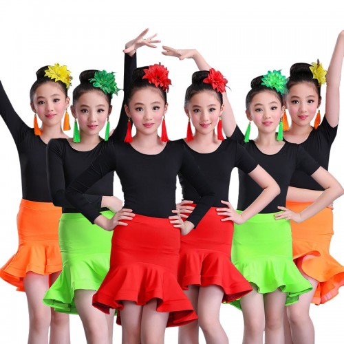 Girls latin dresses for kids children competition performance neon green red salsa samba dance cosplay dresses